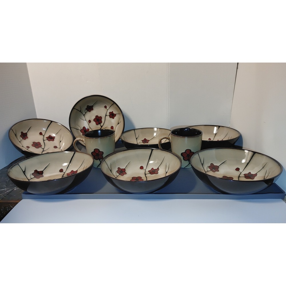Pfaltzgraff Studio Aster Bowl Mug Set 9pc Cream Red Brown Floral Stoneware
